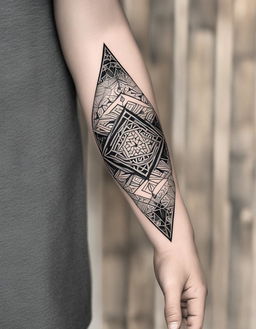 A high-quality digital render of a geometric tattoo on a forearm