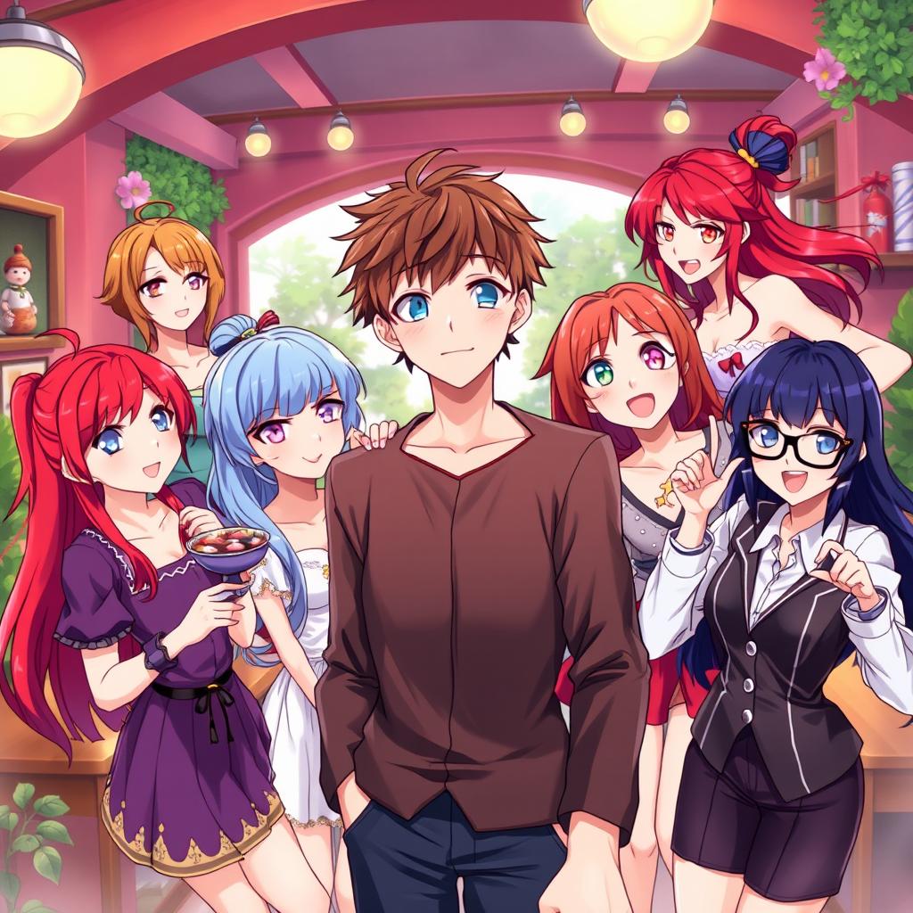 A vibrant and dynamic illustration depicting a harem scene featuring a diverse group of attractive characters, each with unique hairstyles, outfits, and personalities