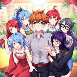 A vibrant and dynamic illustration depicting a harem scene featuring a diverse group of attractive characters, each with unique hairstyles, outfits, and personalities