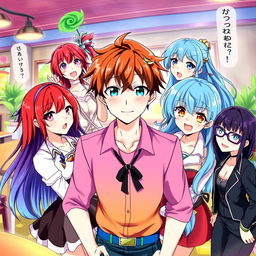 A vibrant and dynamic illustration depicting a harem scene featuring a diverse group of attractive characters, each with unique hairstyles, outfits, and personalities