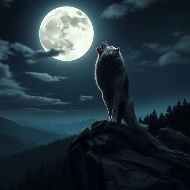 A majestic werewolf standing on a rocky cliff, howling at a full moon that illuminates the night sky