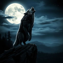 A majestic werewolf standing on a rocky cliff, howling at a full moon that illuminates the night sky