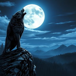 A majestic werewolf standing on a rocky cliff, howling at a full moon that illuminates the night sky
