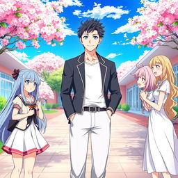 A vibrant harem style anime scene featuring a charismatic male protagonist standing in the center