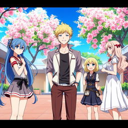 A vibrant harem style anime scene featuring a charismatic male protagonist standing in the center