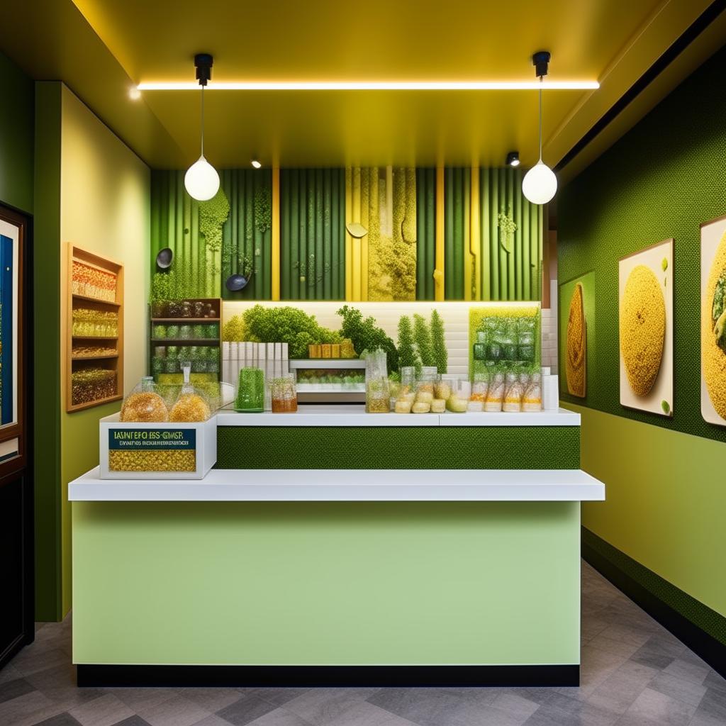 A 20x20 small shop design for selling Idli chutney, with a predominantly white color scheme, incorporating a subtle organic green theme. Dark-colored tables to mask possible stains and additional accents of blue and yellow.