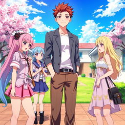 A vibrant harem style anime scene featuring a charismatic male protagonist standing in the center