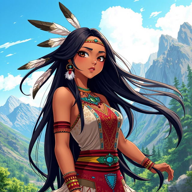 A beautifully designed anime-style female character inspired by Native American culture