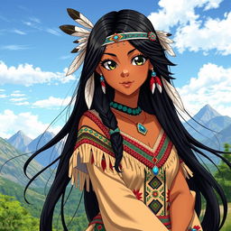 A beautifully designed anime-style female character inspired by Native American culture