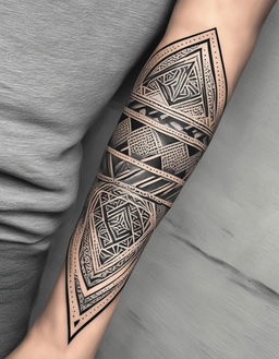 A high-quality digital render of a geometric tattoo on a forearm