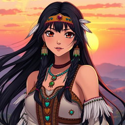 A stunning Native American woman depicted in an anime style, featuring long, flowing black hair adorned with traditional feathers and beads