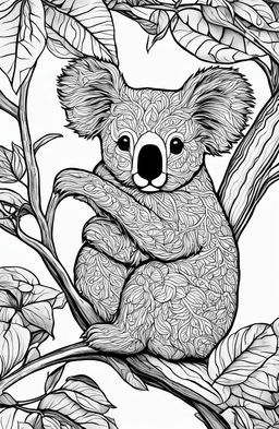 This adult coloring page features a highly detailed koala, inspired by Tim Jeffs' intricate style