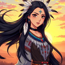 A stunning Native American woman depicted in an anime style, featuring long, flowing black hair adorned with traditional feathers and beads