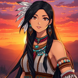 A stunning Native American woman depicted in an anime style, featuring long, flowing black hair adorned with traditional feathers and beads