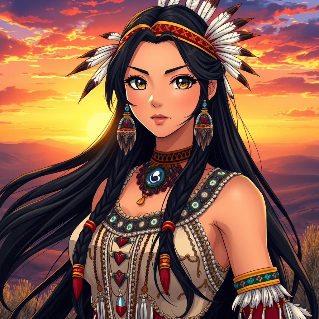 A stunning Native American woman depicted in an anime style, featuring long, flowing black hair adorned with traditional feathers and beads