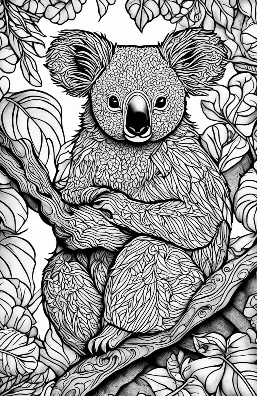 This adult coloring page features a highly detailed koala, inspired by Tim Jeffs' intricate style