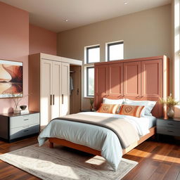 A beautifully designed master bedroom featuring a modern wardrobe