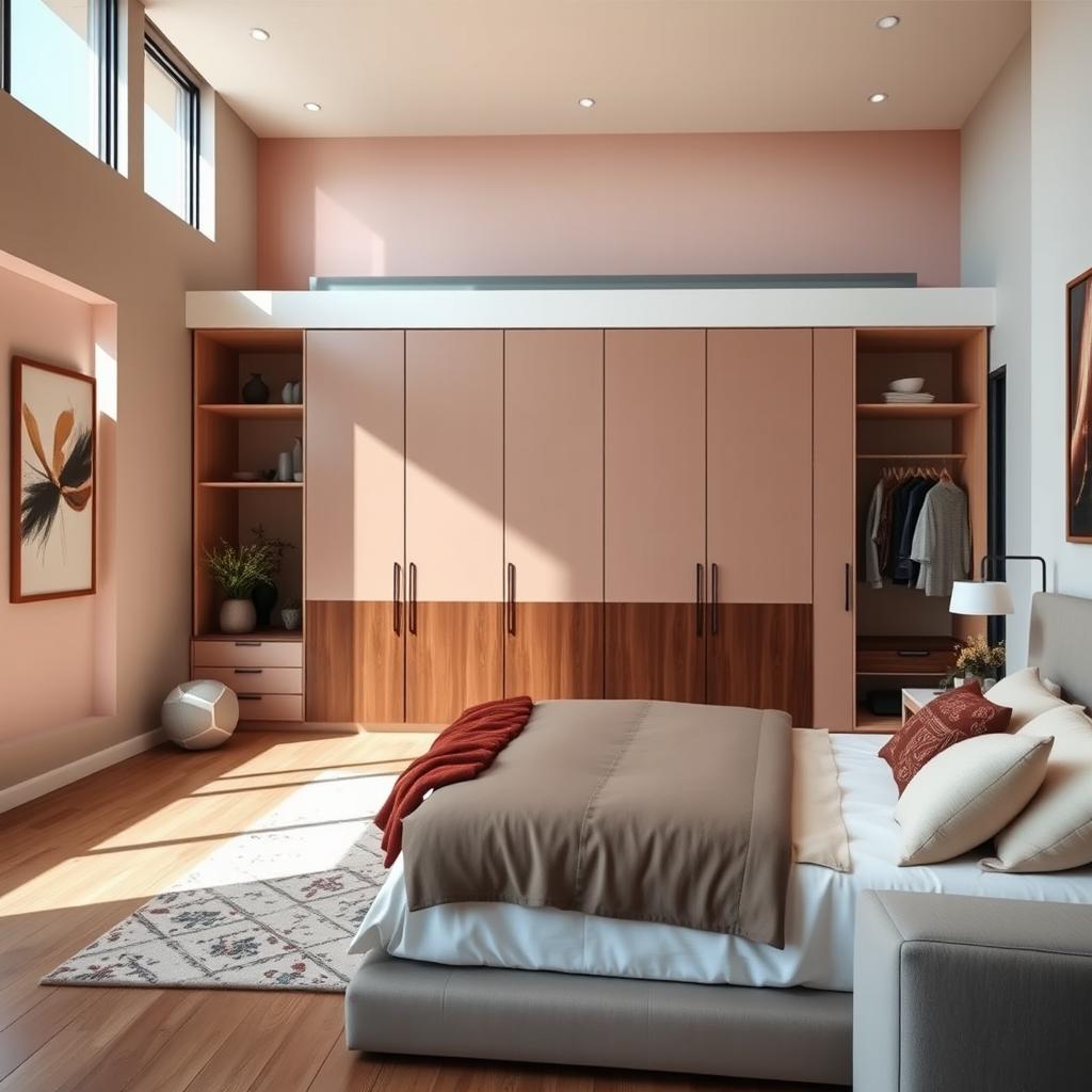 A beautifully designed master bedroom featuring a modern wardrobe