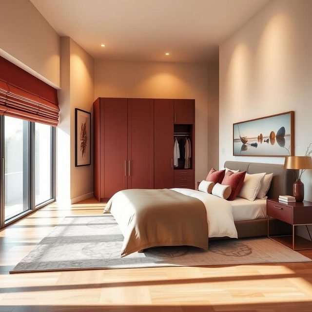 A beautifully designed master bedroom featuring a modern wardrobe