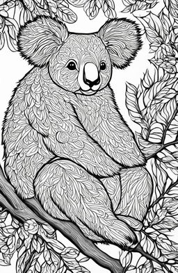 This adult coloring page features a highly detailed koala, inspired by Tim Jeffs' intricate style