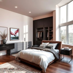 A beautifully designed master bedroom featuring a modern wardrobe