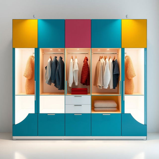 A sleek and modern wardrobe featuring a combination of vibrant and subtle colors