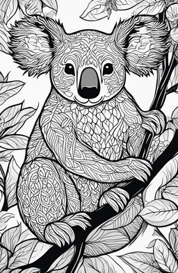 This adult coloring page features a highly detailed koala, inspired by Tim Jeffs' intricate style