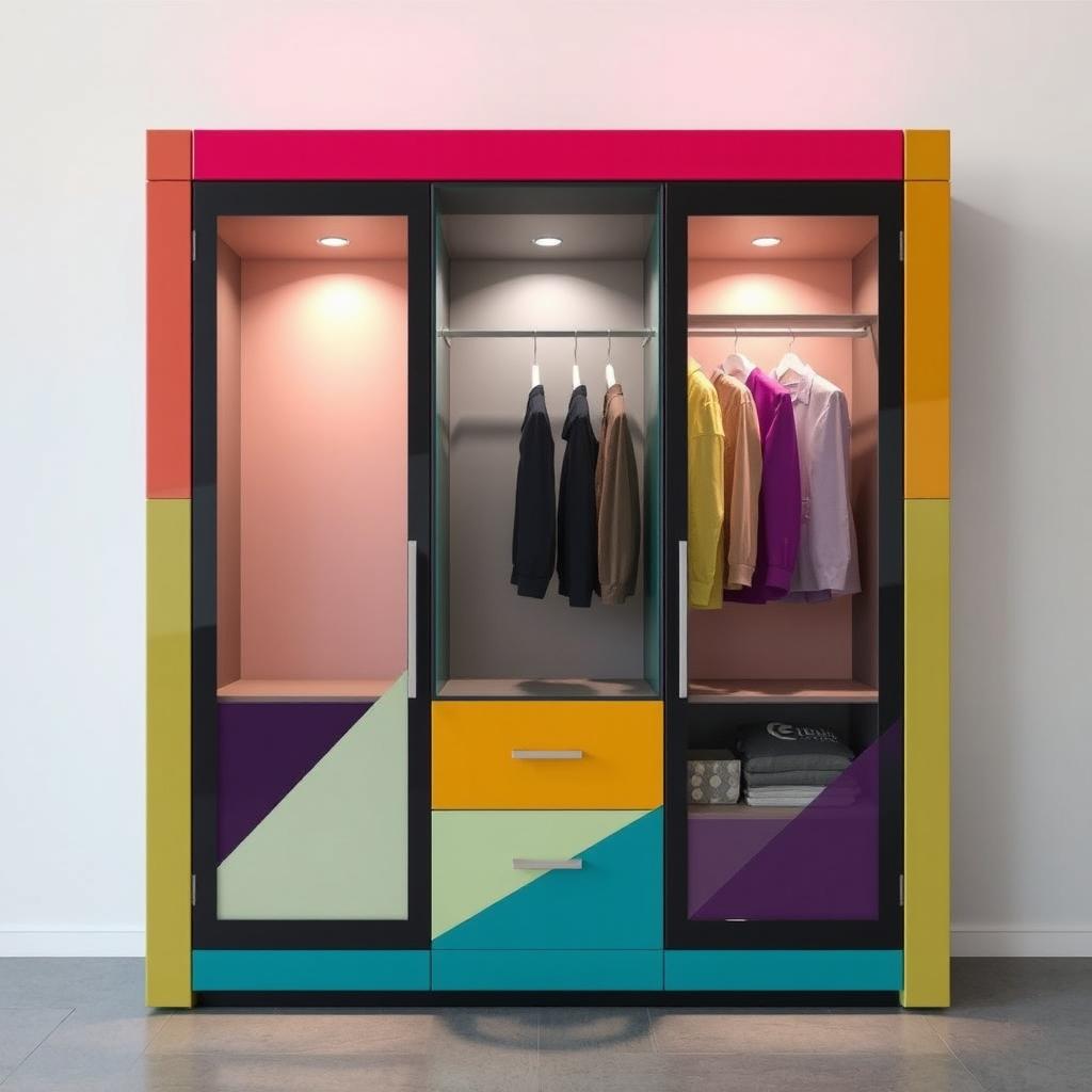 A sleek and modern wardrobe featuring a combination of vibrant and subtle colors