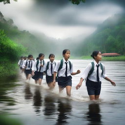 A striking digital art image depicting Indonesian school students crossing a raging river, reflecting their resilience and determination