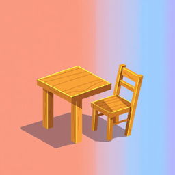 A pixel art illustration of a simple wooden table and a chair, rendered in vibrant pixels