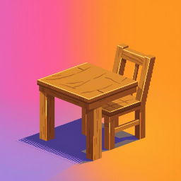 A pixel art illustration of a simple wooden table and a chair, rendered in vibrant pixels