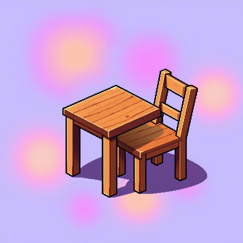 A pixel art illustration of a simple wooden table and a chair, rendered in vibrant pixels