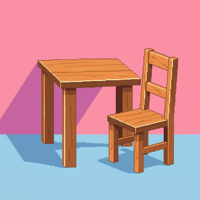 A pixel art illustration of a simple wooden table and a chair, rendered in vibrant pixels