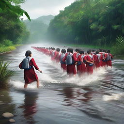 A striking digital art image depicting Indonesian school students crossing a raging river, reflecting their resilience and determination