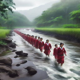 A striking digital art image depicting Indonesian school students crossing a raging river, reflecting their resilience and determination