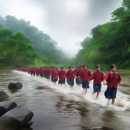 A striking digital art image depicting Indonesian school students crossing a raging river, reflecting their resilience and determination