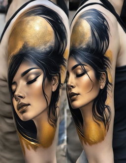 A realistic upper arm tattoo featuring a serene woman with black hair and closed eyes