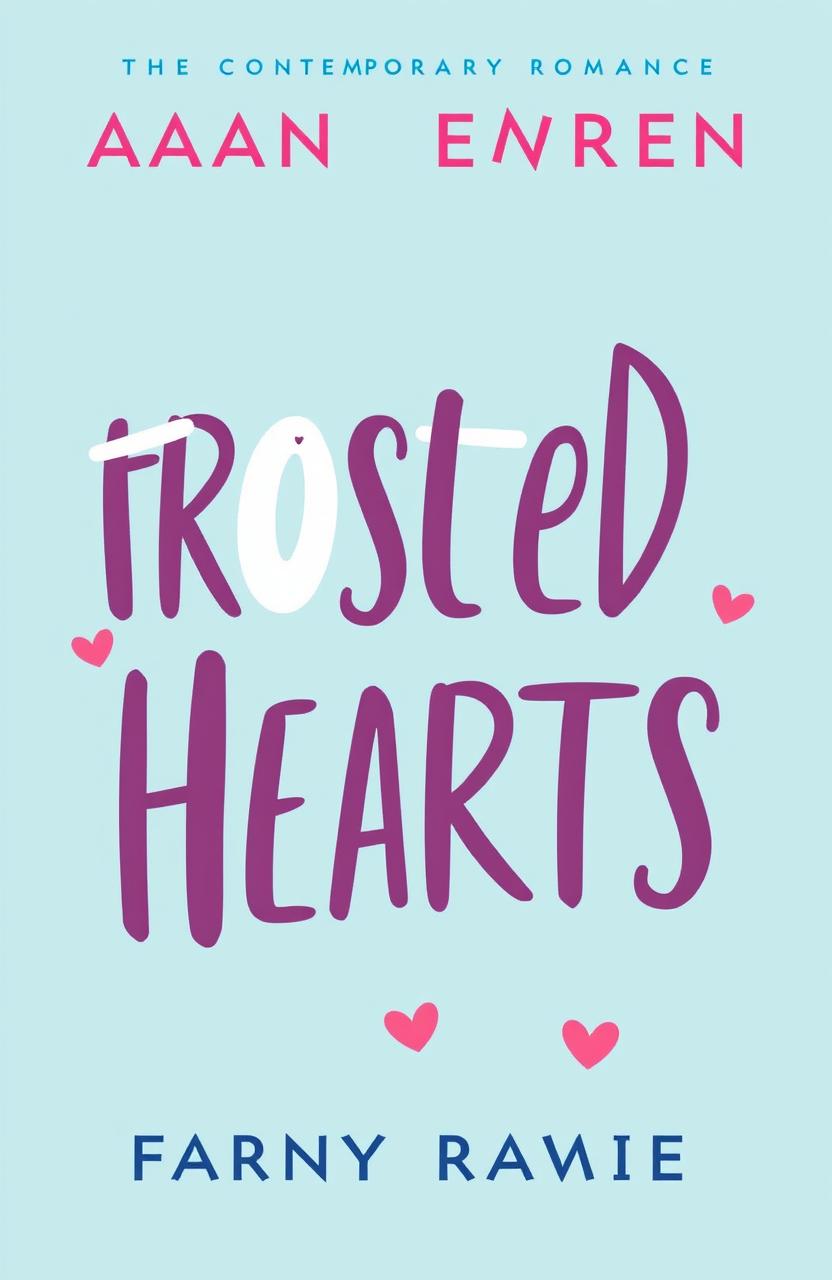 A contemporary romance book cover design titled 'Frosted Hearts', featuring a soft blue pastel background