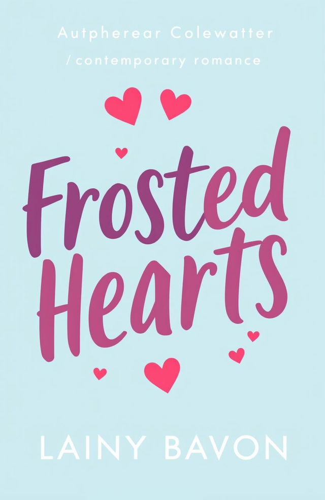 A contemporary romance book cover design titled 'Frosted Hearts', featuring a soft blue pastel background