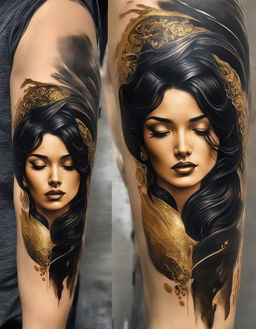 A realistic upper arm tattoo featuring a serene woman with black hair and closed eyes