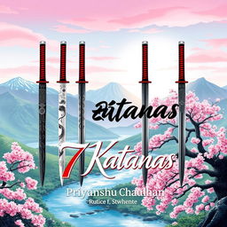 A captivating book cover for "7 Katanas" by Priyanshu Chauhan, inspired by beautiful nature and Japanese mythology
