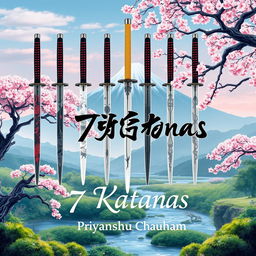 A captivating book cover for "7 Katanas" by Priyanshu Chauhan, inspired by beautiful nature and Japanese mythology