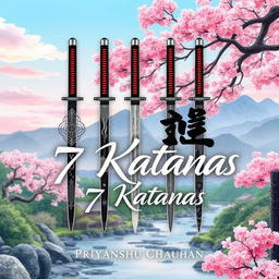 A captivating book cover for "7 Katanas" by Priyanshu Chauhan, inspired by beautiful nature and Japanese mythology