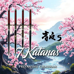 A captivating book cover for "7 Katanas" by Priyanshu Chauhan, inspired by beautiful nature and Japanese mythology