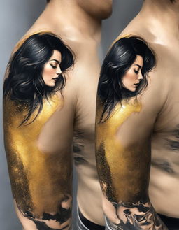 A realistic upper arm tattoo featuring a serene woman with black hair and closed eyes