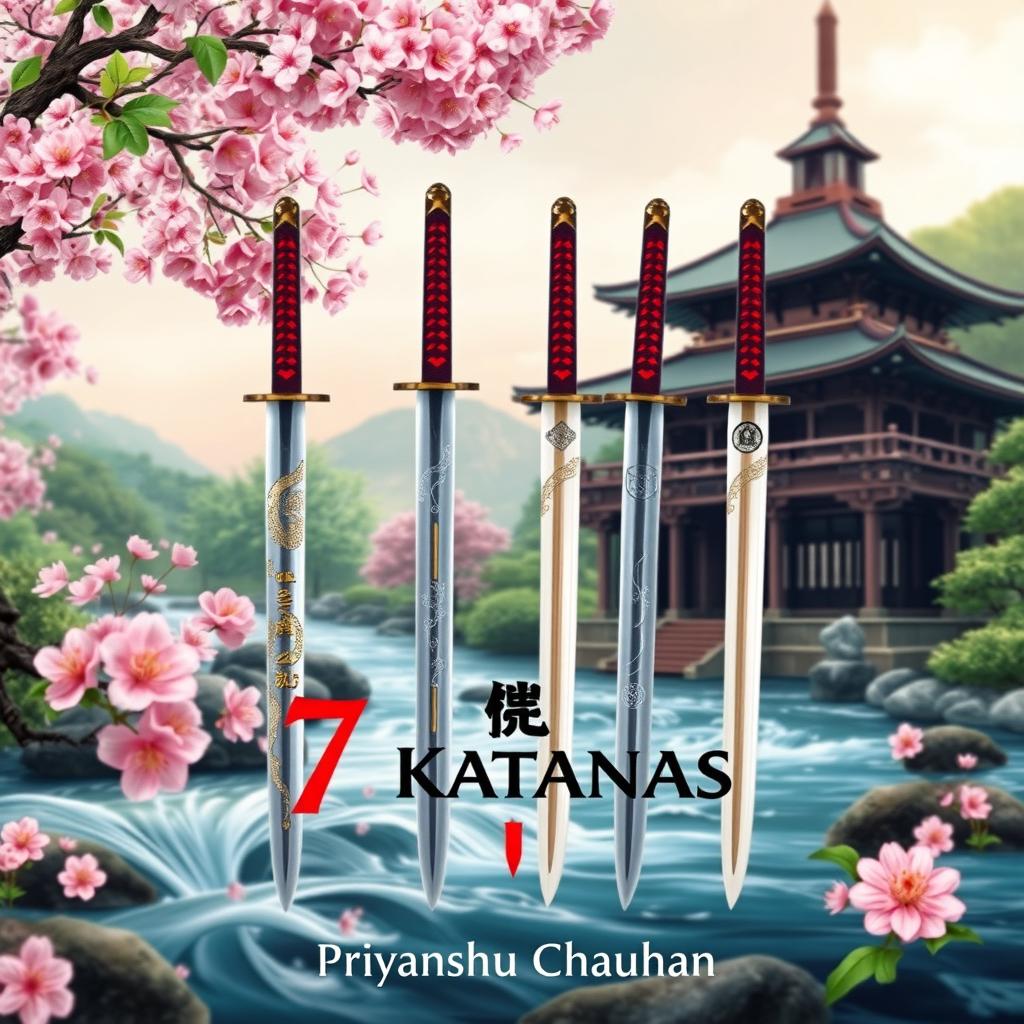 A stunning book cover for "7 Katanas" by Priyanshu Chauhan, inspired by beautiful nature and Japanese mythology