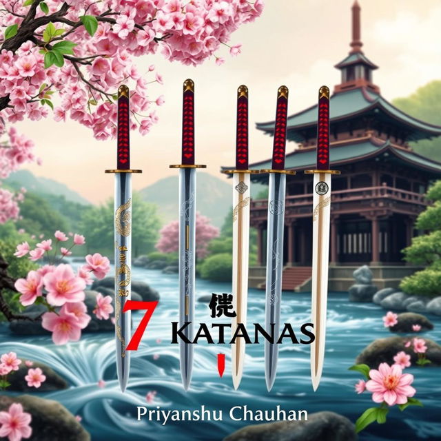 A stunning book cover for "7 Katanas" by Priyanshu Chauhan, inspired by beautiful nature and Japanese mythology