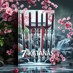 A stunning book cover for "7 Katanas" by Priyanshu Chauhan, inspired by beautiful nature and Japanese mythology