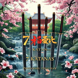 A stunning book cover for "7 Katanas" by Priyanshu Chauhan, inspired by beautiful nature and Japanese mythology