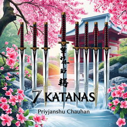 A stunning book cover for "7 Katanas" by Priyanshu Chauhan, inspired by beautiful nature and Japanese mythology